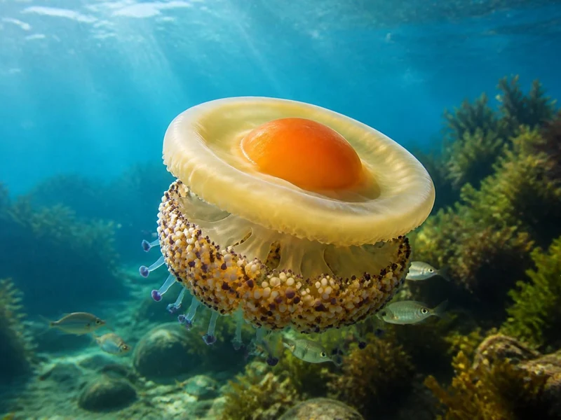 Gros plan sous-marin sur des meduses oeufs au plat nageant près d'un récif rocheux