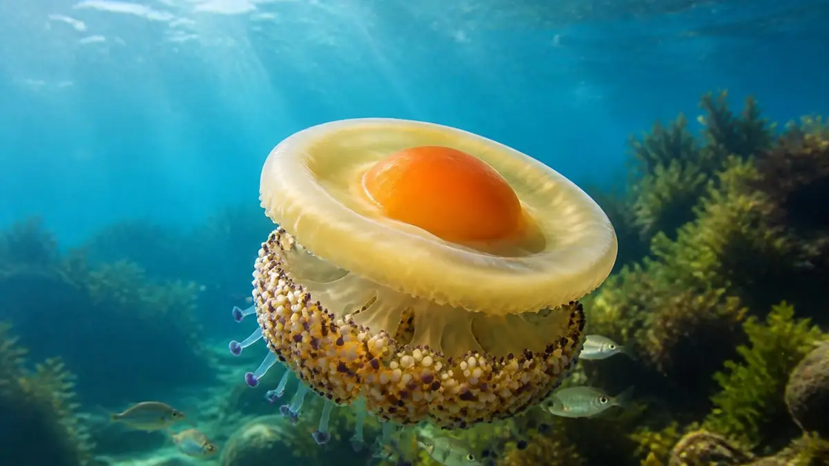 Gros plan sous-marin sur des meduses oeufs au plat nageant près d'un récif rocheux