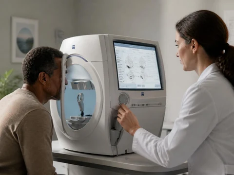 Une patiente réalise un examen du champ visuel Humphrey avec l'aide d'une professionnelle de santé