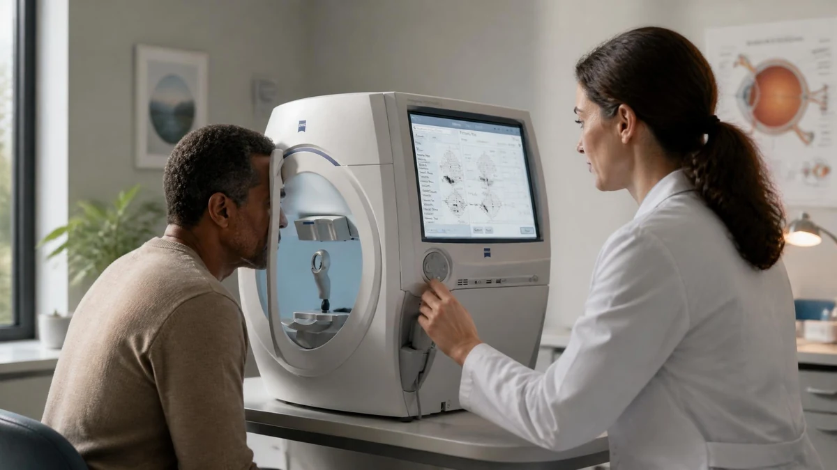 Une patiente réalise un examen du champ visuel Humphrey avec l'aide d'une professionnelle de santé