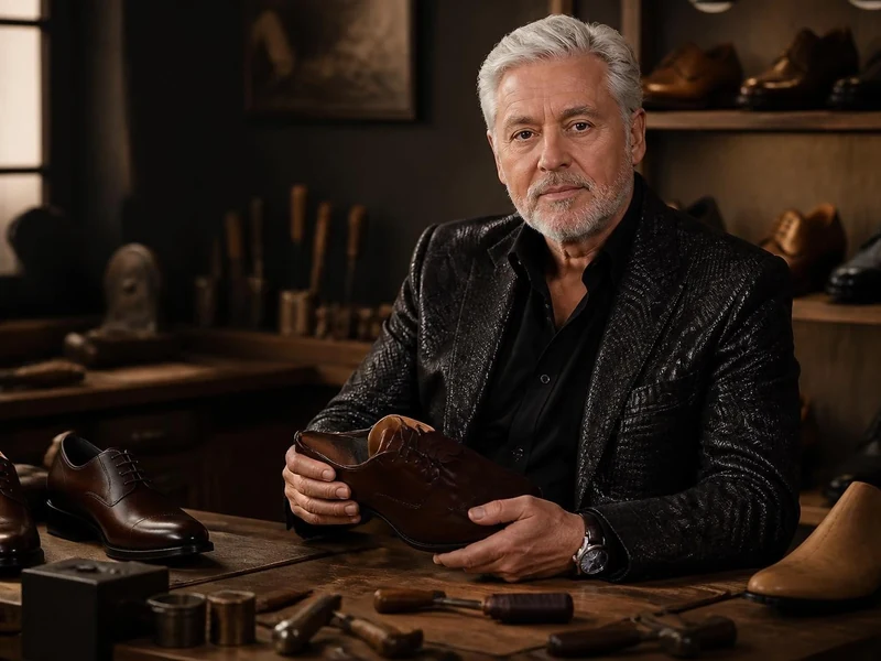 Portrait de Carlos Santos tenant une chaussure en cuir dans son atelier de cordonnerie artisanale