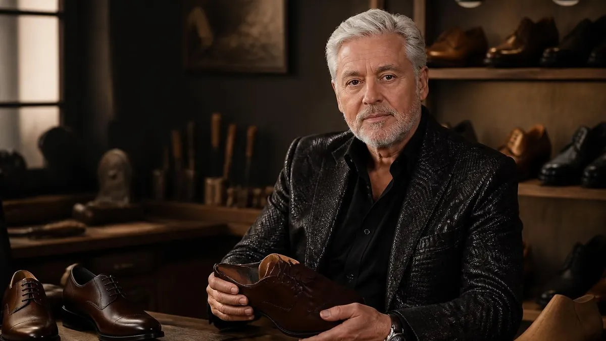 Portrait de Carlos Santos tenant une chaussure en cuir dans son atelier de cordonnerie artisanale
