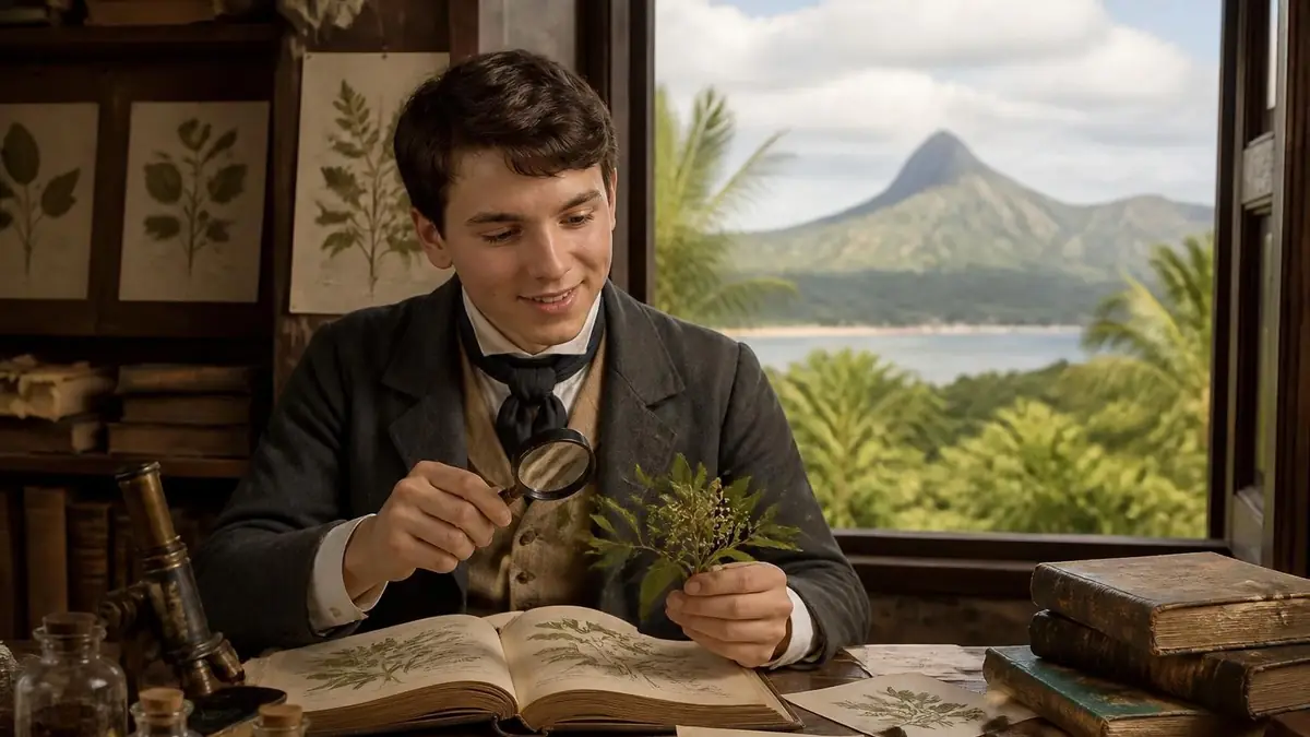 Louis Bouton examine une plante avec une loupe dans son bureau donnant sur un paysage tropical