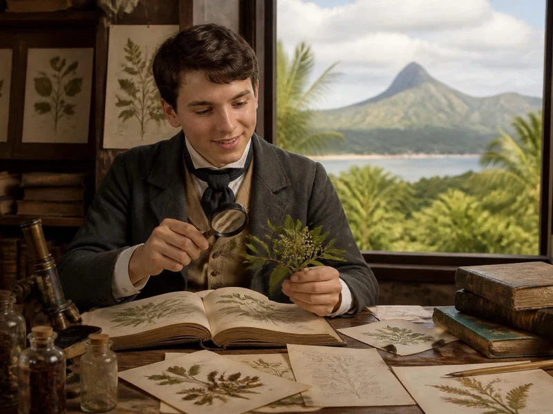 Louis Bouton examine une plante avec une loupe dans son bureau donnant sur un paysage tropical