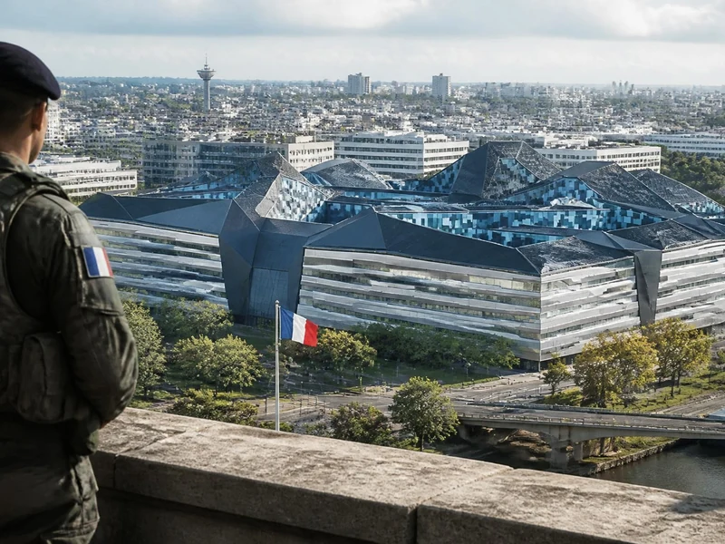 Un militaire observe le bâtiment moderne de l'Hexagone Balard dominant le paysage urbain parisien