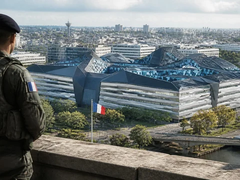 Un militaire observe le bâtiment moderne de l'Hexagone Balard dominant le paysage urbain parisien
