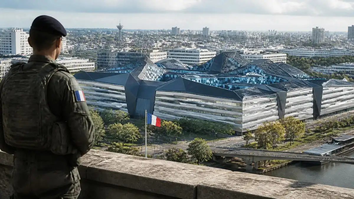 Un militaire observe le bâtiment moderne de l'Hexagone Balard dominant le paysage urbain parisien