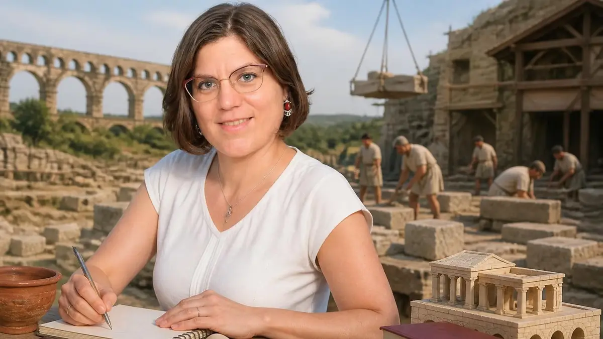 Pauline Ducret prend des notes devant une maquette avec un chantier de construction romaine en arrière-plan