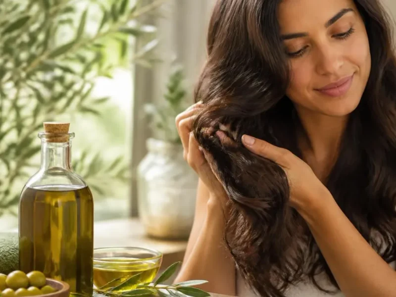 Femme appliquant un soin naturel à base d'huile d'olive cheveux pour les nourrir et les sublimer