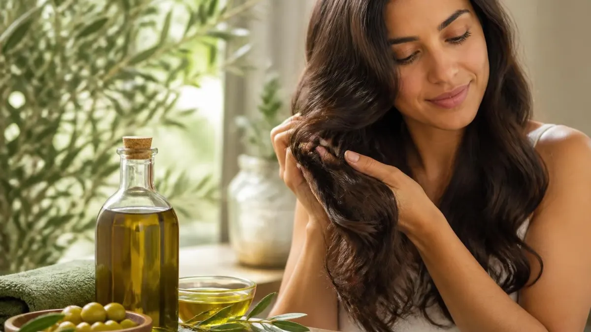 Femme appliquant un soin naturel à base d'huile d'olive cheveux pour les nourrir et les sublimer
