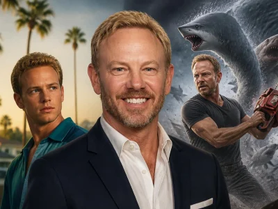 Montage montrant Ian Ziering à différentes étapes de sa carrière entre Beverly Hills et les films Sharknado