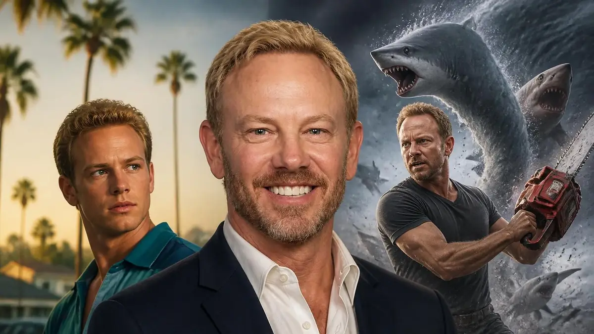Montage montrant Ian Ziering à différentes étapes de sa carrière entre Beverly Hills et les films Sharknado