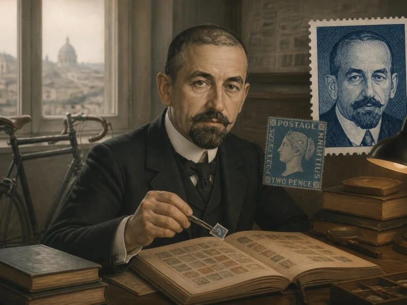Portrait de Théodore Champion examinant des timbres de collection avec une pince près d'un vélo ancien