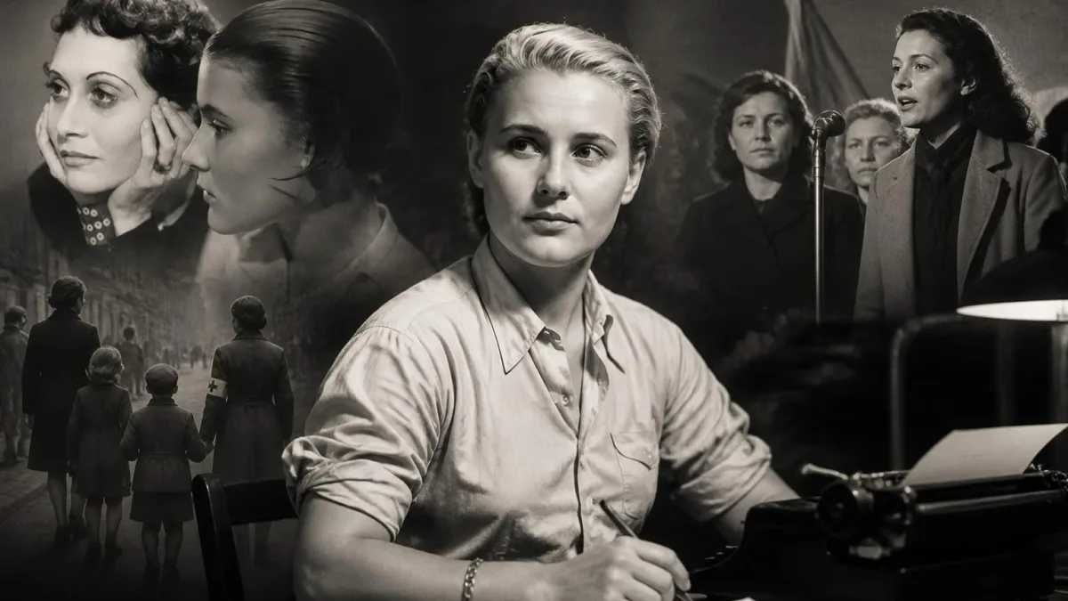 Portrait en noir et blanc de Colette de Jouvenel travaillant à son bureau avec des scènes de vie en arrière-plan