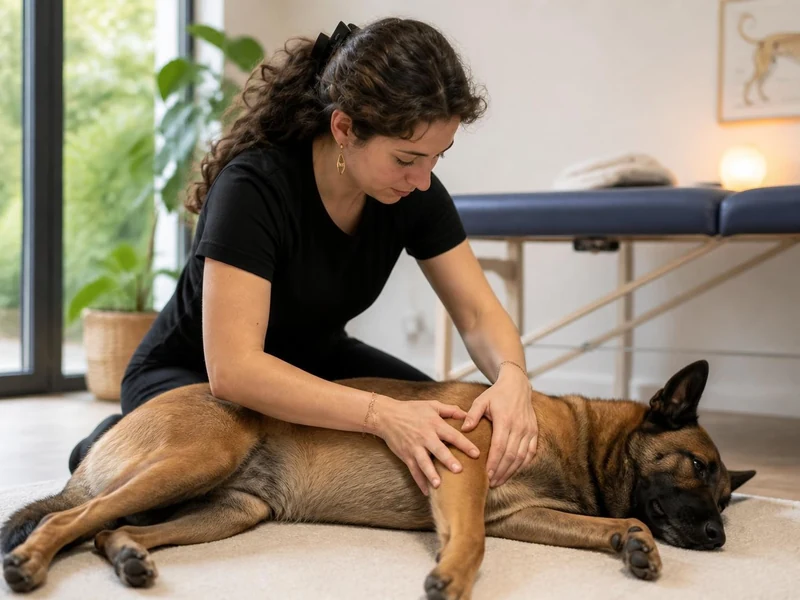 Une ostéopathe masse doucement un chien couché lors d'une séance d'ostéo chien
