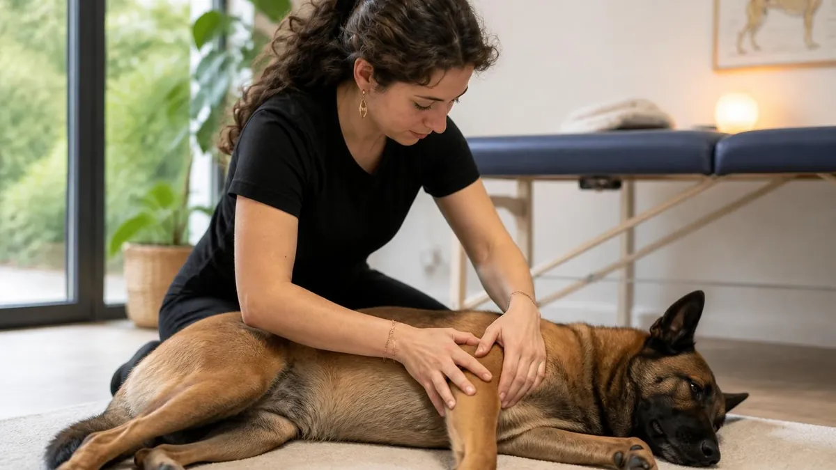 Une ostéopathe masse doucement un chien couché lors d'une séance d'ostéo chien