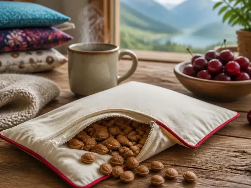 Une bouillotte noyau de cerise ouverte posée sur une table en bois près d'une tasse fumante et d'un bol de cerises