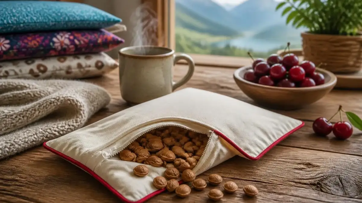 Une bouillotte noyau de cerise ouverte posée sur une table en bois près d'une tasse fumante et d'un bol de cerises