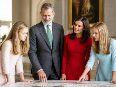 La famille royale d'Espagne réunie autour d'une table pour examiner des documents officiels