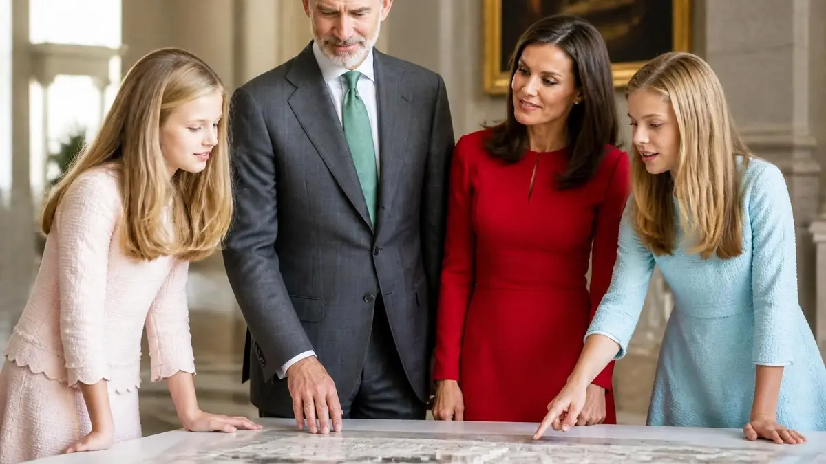 La famille royale d'Espagne réunie autour d'une table pour examiner des documents officiels
