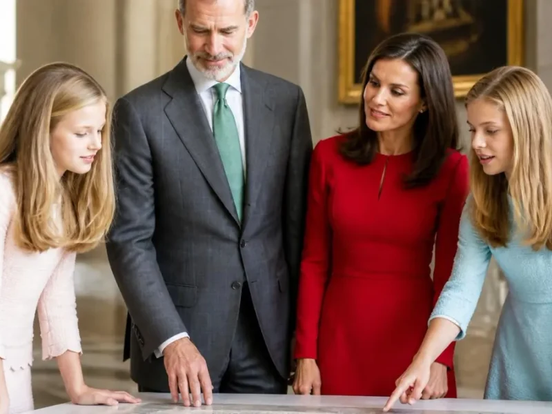 La famille royale d'Espagne réunie autour d'une table pour examiner des documents officiels