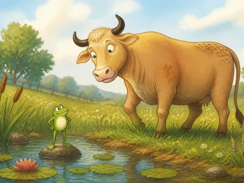 Une petite grenouille regarde avec admiration un gros boeuf dans un champ pour illustrer la grenouille et le boeuf
