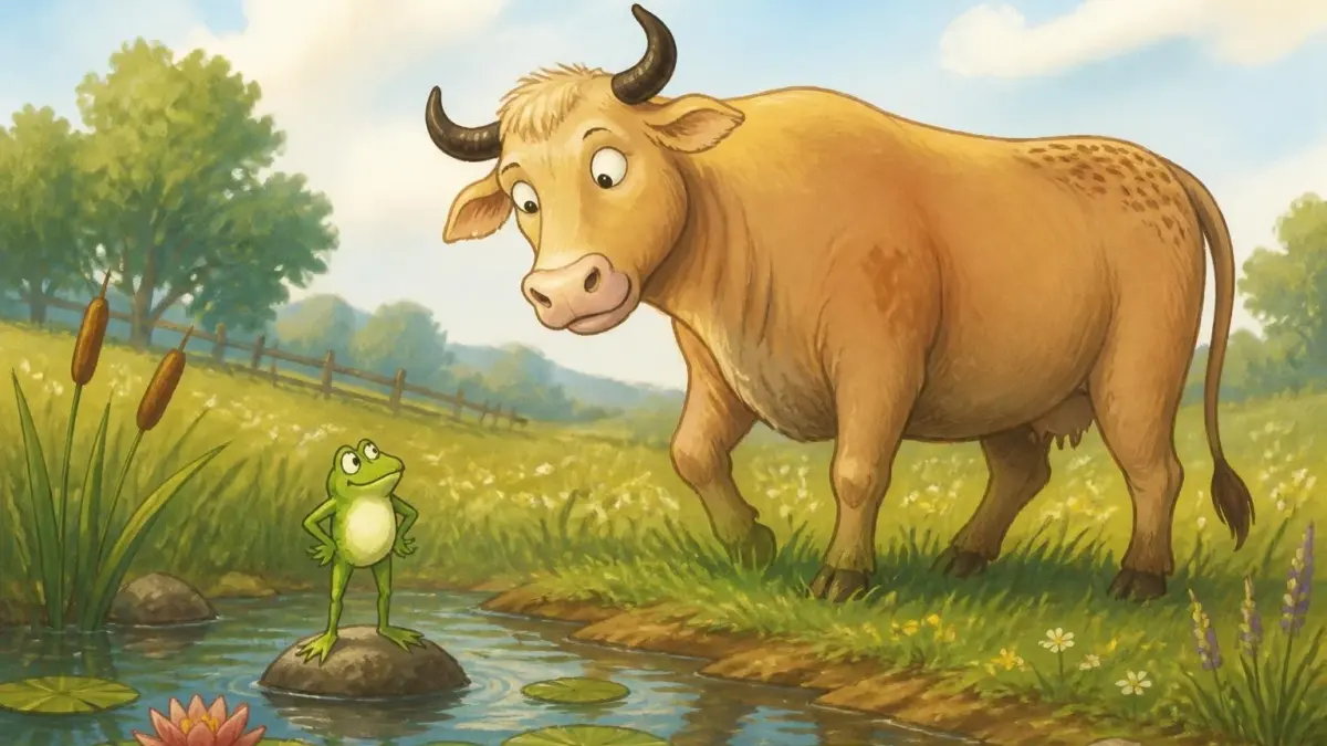 Une petite grenouille regarde avec admiration un gros boeuf dans un champ pour illustrer la grenouille et le boeuf