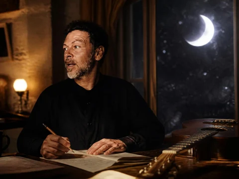 Christophe Maé écrit près d'une fenêtre éclairée par la Lune Christophe Maé dans une ambiance nocturne et chaleureuse