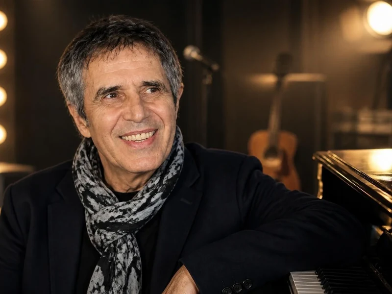 Le chanteur Julien Clerc âge mûr sourit lors d'une séance en studio avec un piano et une guitare en arrière-plan