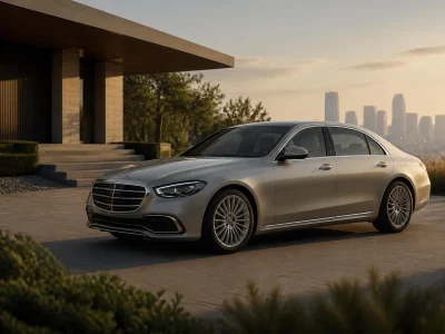Une mercedes Benz Classe S berline élégante garée devant une villa moderne au coucher du soleil