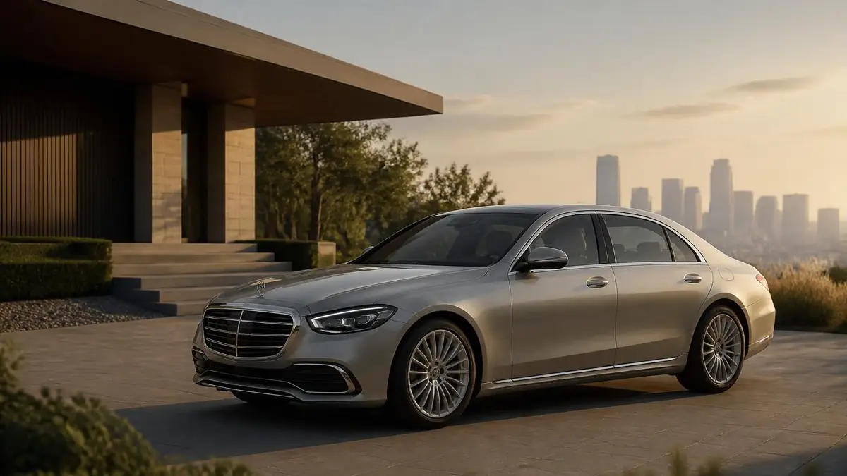Une mercedes Benz Classe S berline élégante garée devant une villa moderne au coucher du soleil