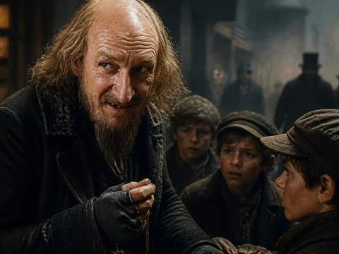 L'acteur Ben Kingsley Oliver Twist incarne Fagin entouré de jeunes garçons dans une rue sombre du Londres victorien