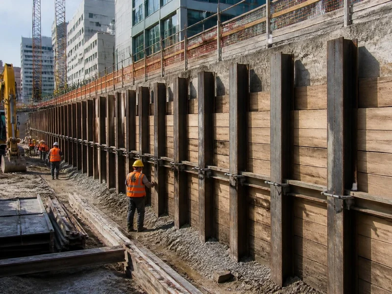 Ouvriers travaillant sur un chantier urbain avec une structure de soutènement de type paroie berlinoise
