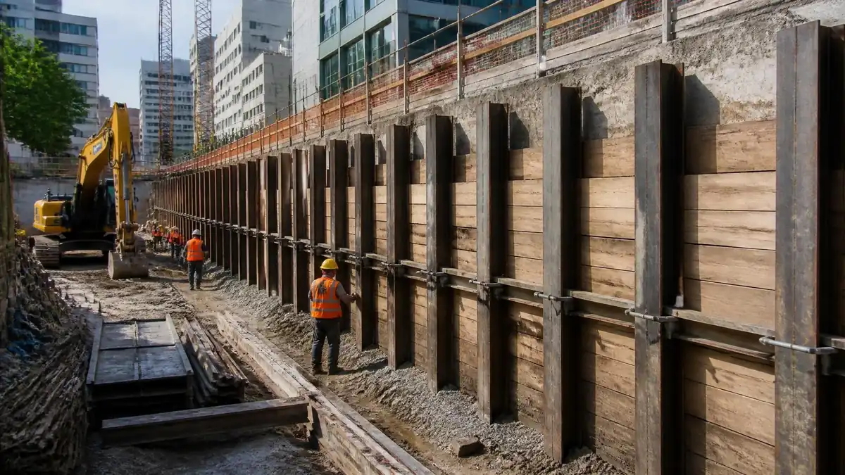 Ouvriers travaillant sur un chantier urbain avec une structure de soutènement de type paroie berlinoise