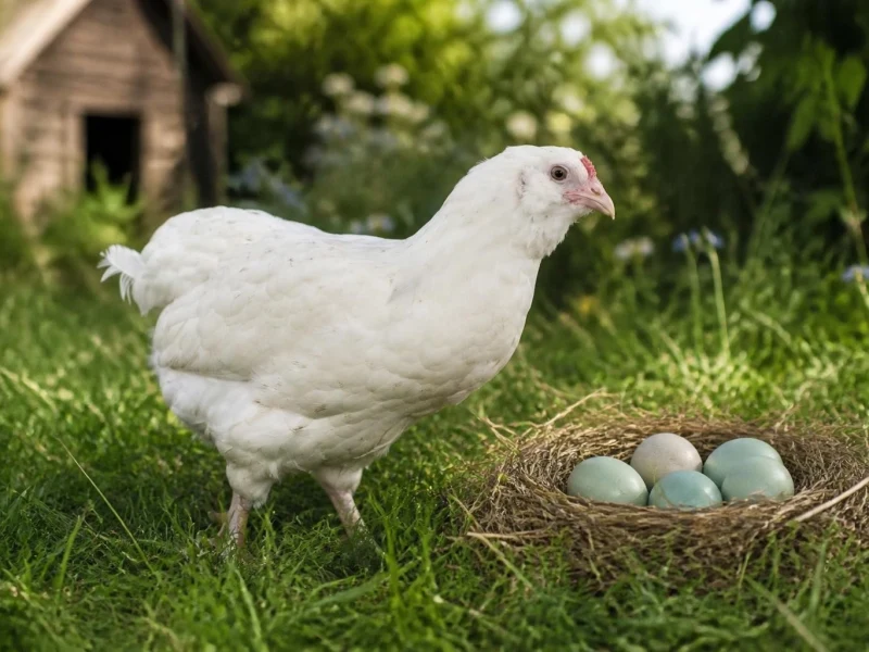 Une poule émeraude blanche se tient près d'un nid contenant plusieurs œufs aux teintes bleutées dans un jardin