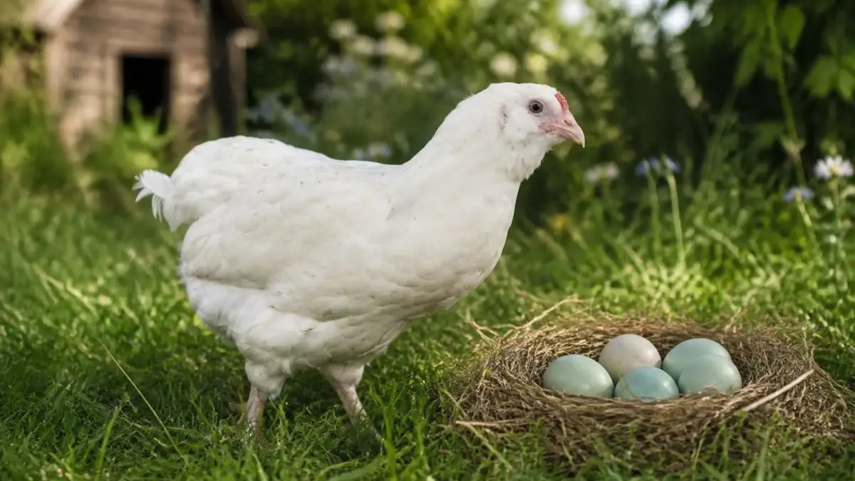 Une poule émeraude blanche se tient près d'un nid contenant plusieurs œufs aux teintes bleutées dans un jardin