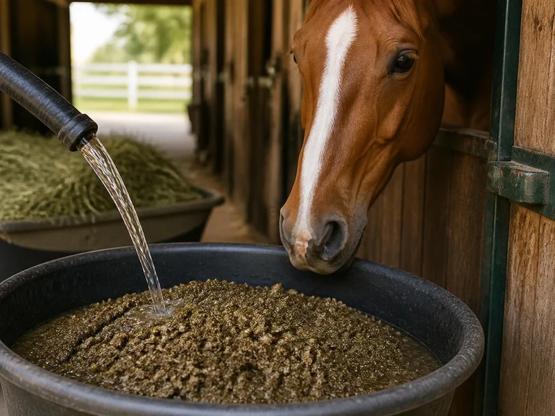 Un cheval attend pendant que l'on ajoute de l'eau à de la pulpe de betterave pour chevaux dans un seau