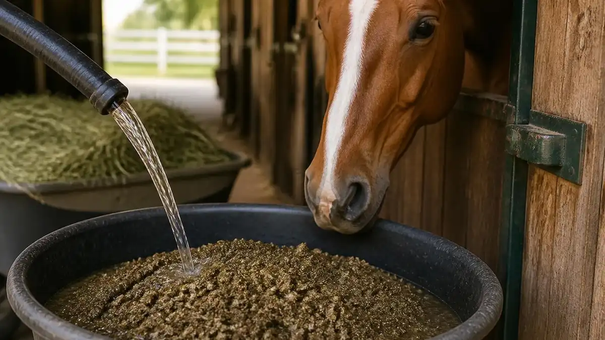 Un cheval attend pendant que l'on ajoute de l'eau à de la pulpe de betterave pour chevaux dans un seau
