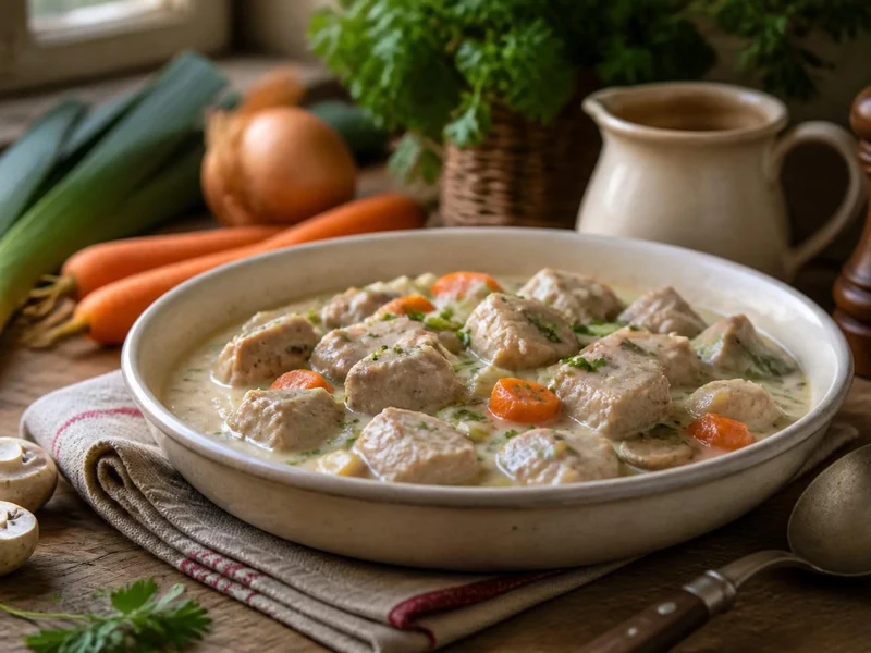 Une assiette de recette blanquette de porc crémeuse avec des légumes frais posée sur une table en bois