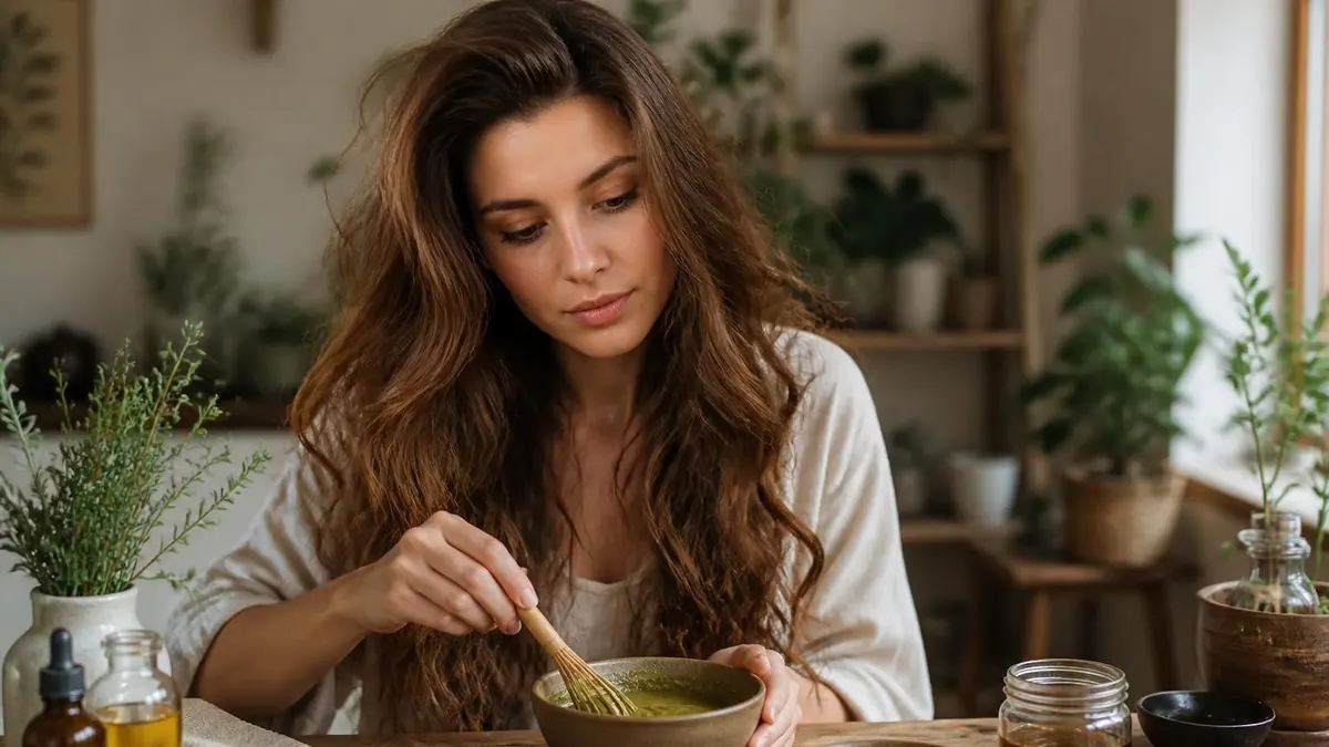 Femme préparant une teinture cheveux naturelle dans un bol avec un fouet dans un intérieur végétalisé
