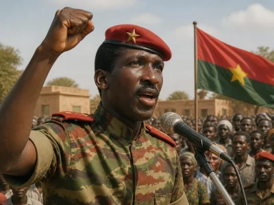 Thomas Sankara s'exprime devant la foule avec le drapeau du Burkina Faso Thomas Sankara en arrière-plan