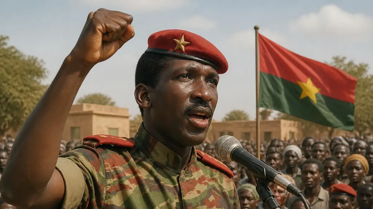 Thomas Sankara s'exprime devant la foule avec le drapeau du Burkina Faso Thomas Sankara en arrière-plan