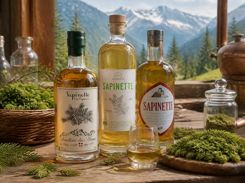 Trois bouteilles de sapinette artisanale posées sur une table en bois avec des bourgeons de sapin et des montagnes en fond