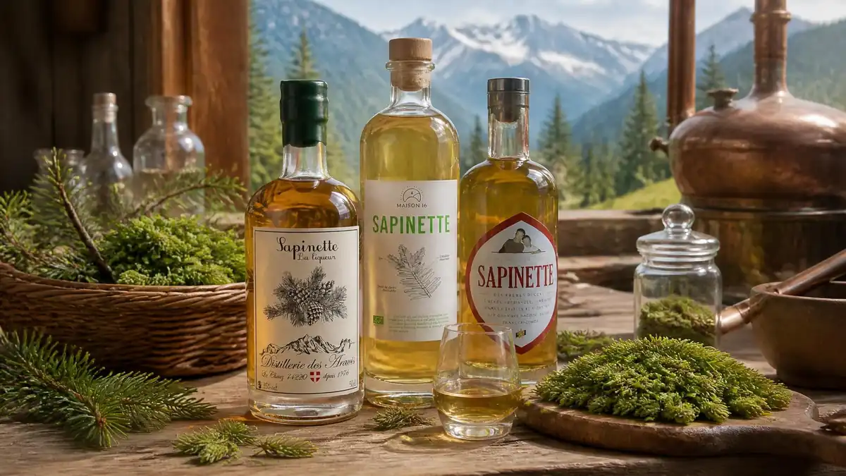 Trois bouteilles de sapinette artisanale posées sur une table en bois avec des bourgeons de sapin et des montagnes en fond