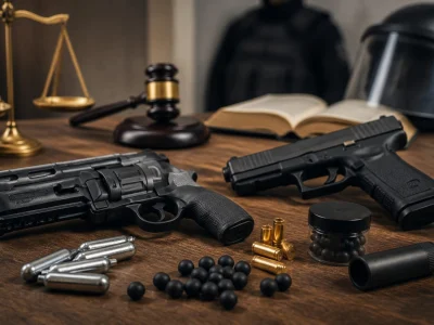 Deux armes de poing posées sur une table à côté d'un pistolet à balles caoutchouc et d'accessoires de défense