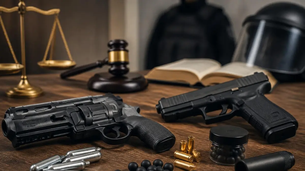 Deux armes de poing posées sur une table à côté d'un pistolet à balles caoutchouc et d'accessoires de défense