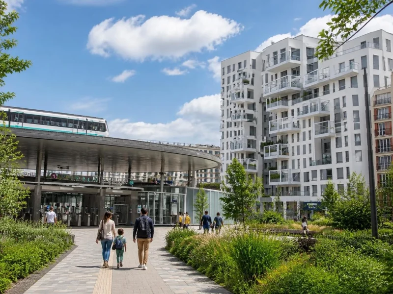 Des passants marchent devant l'architecture moderne de la station bagneux Lucie Aubrac sous un ciel bleu