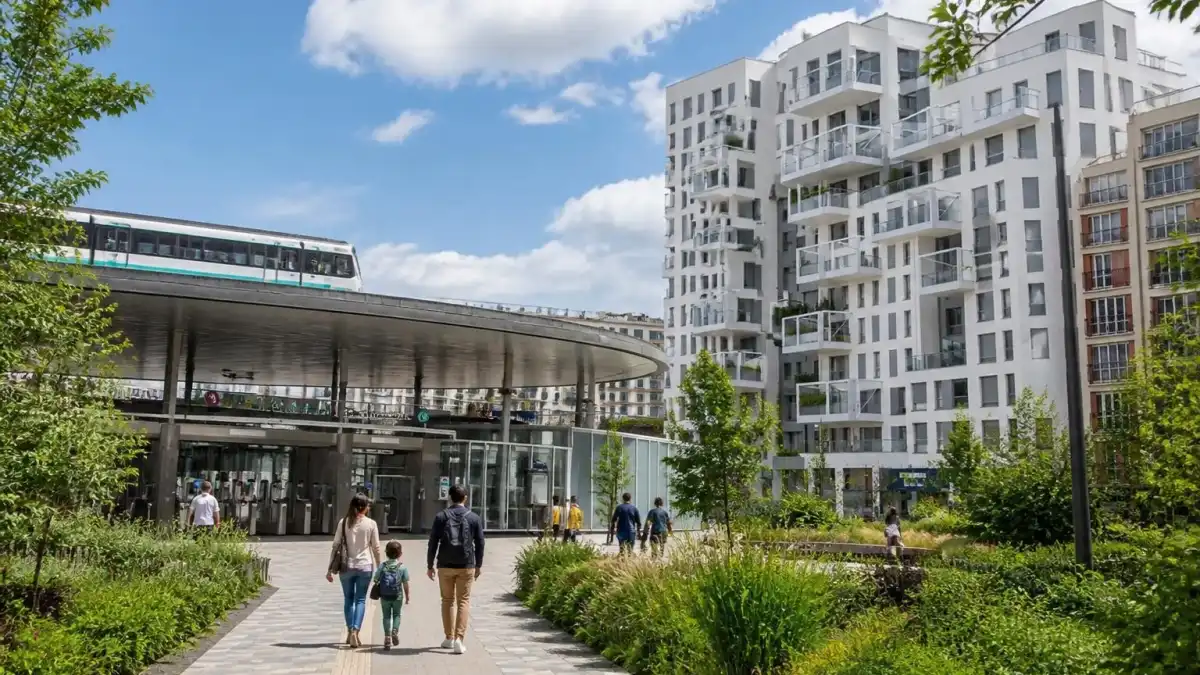 Des passants marchent devant l'architecture moderne de la station bagneux Lucie Aubrac sous un ciel bleu