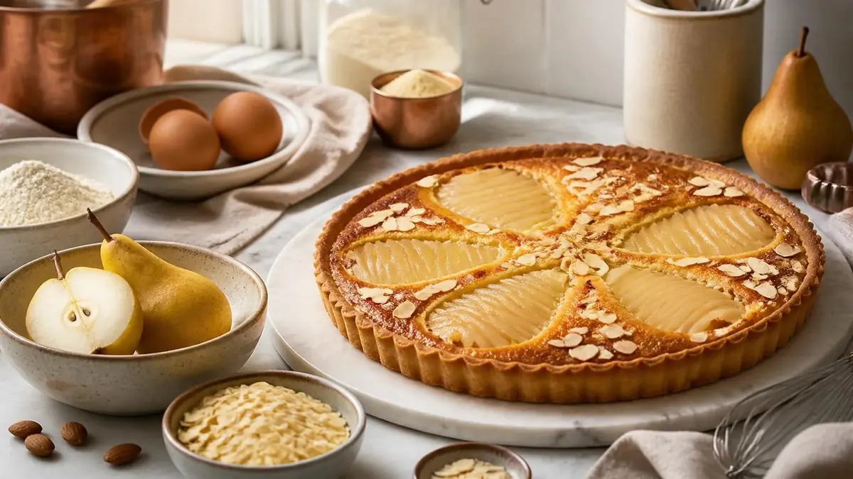 Une délicieuse tarte aux amandes et poires posée sur un plan de travail entourée d'ingrédients frais
