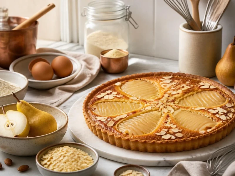 Une délicieuse tarte aux amandes et poires posée sur un plan de travail entourée d'ingrédients frais